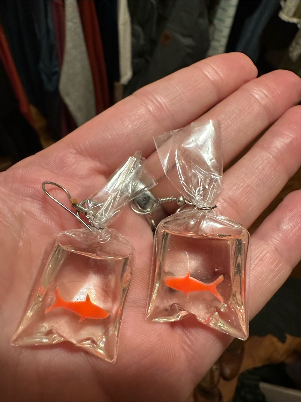 Clear Plastic Goldfish Bag Earrings - Orange Fish